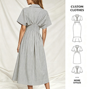 Vestido midi a rayas para mujer con cuello camisero, botones, cintura fruncida, corte en A, estilo casual y holgado, vestido de verano, talla personalizada OEM - Product Image 3