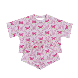 GSSO3647 Ensemble personnalisé pour petite fille active, fleurs violettes, carreaux, manches courtes, tenues pour enfants, vente en gros, ensemble pour enfants - Product Image 3