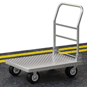 Chariot à main à plateau plat en acier, quatre roues, pliable, usage industriel intensif, couleur argent - Product Image 4