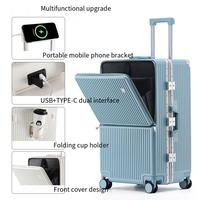Valise cabine à ouverture frontale en ABS et PC avec cadre en aluminium, roues multidirectionnelles, support téléphone USB Type-C et porte-gobelet pour le voyage