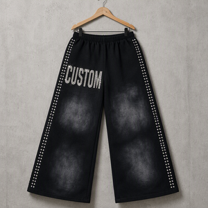 Pantalon large pour homme personnalisé, délavé à l'acide, taille élastique, orné de strass, coupe ample, style décontracté automne - Product Image 1