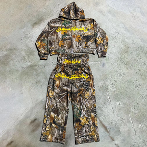 Custom High Quality Two Piece Zip up <b>Rhinestone</b> <b>Hoodie</b> and Double Waist Sweatpants Reals Trees Camo Sweat Suit Tracksuit for Men - Product Image 1