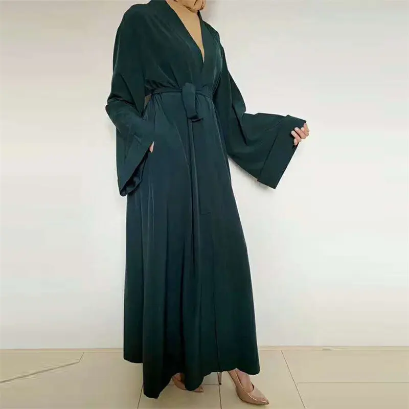 Vestidos de luxo Elegante 2 Peça Abaya Set Shiny Satin Kimono Match Slip Vestido Interno Eid Islâmico Vestuário Tie Cuff Sleeve Abaya