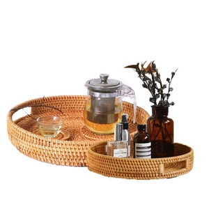 Round Rattan Bread storage Basket Woven Serving Tray with Handles for Cracker Dinner Parties Coffee Breakfast