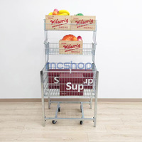 Table promotionnelle portable à 3 niveaux, style moderne, avec mini-bacs de présentation en fil d'acier zingué et roulettes détachables