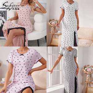 Sfy-y1489 Nouvelle Robe de Nuit Tendance Extensible et Ajustée à Col Rond et Manches Courtes, Imprimé Cœur, Grande Taille, Fendue Mi-longue - Product Image 2