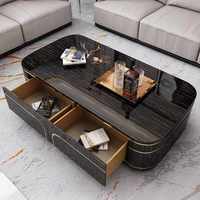 Table basse de luxe en placage de bois noir avec tiroirs de rangement, table centrale décorative dorée en bois massif pour salon