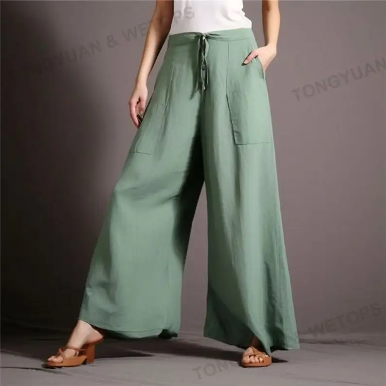 Custom Clothing Manufacturers Wholesale Pants Women's Loose Cotton And Linen Wide-Leg Trousers In Solid Colour