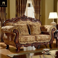 Canapé Européen Classique de Style Antique en Bois Massif Sculpté, Meuble de Salon de Villa avec Revêtement en Tissu et Rembourrage en Éponge