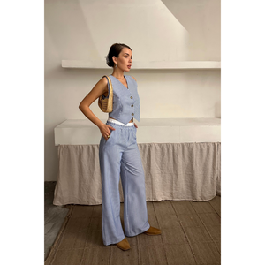 Blue WAFFLE-STRIPED Casual 2-Piece Lady's Vest <b>Trouser</b> <b>Set</b> XS Size Loose Fit Knee Length Summer Short <b>Tops</b> Shorts Pants Woven - Product Image 3