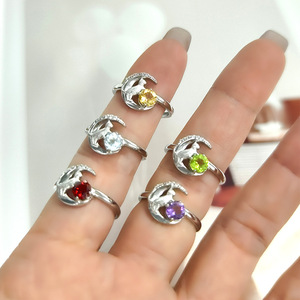 9 délicates bagues ajustables en argent 925 plaqué or, motif chat et lune, avec pierres naturelles taillées rondes de 5 mm (Topaze, Améthyste), idéales comme cadeau d'anniversaire - Product Image 5