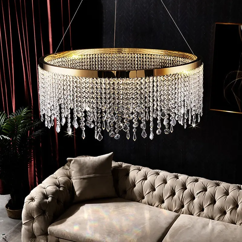 Lámpara de araña redonda de cristal de lujo, iluminación de decoración interior