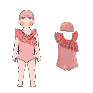 Summer New Girls One-Piece Swimwear Floral Beach DesignBabies Bikini Girls One Shoulder Ruffle <strong>Swimsuit</strong> with Cap - Product Image 6