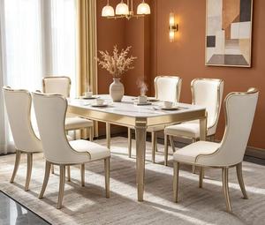 Juego de Comedor de Lujo con Mesa de Mármol, 6 Plazas con Sillas de Cuero Crema y Estructura Dorada - Product Image 4