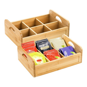 Caja de almacenamiento de bolsitas de té de bambú, con múltiples compartimentos y asa, organizador portátil de escritorio para cápsulas de café, sobres de azúcar y condimentos - Product Image 4