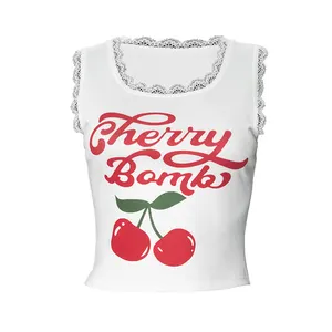 2024 New TP024 Fashion Cherry Print Tank Top Slim Fit Patchwork Summer Lace Tank Top For Women Baby Tees