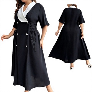 XL-4XL Summer French <b>Vintage</b> <b>Style</b> Elegant Plus Size Women's Solid <b>Tea</b>-Length A-Line <b>Dress</b> Black White V-neck Tie Waist Slimming - Product Image 4