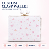 Dompet Wanita Kulit PU dengan Kancing Kiss Lock Motif Sakura Bunga Sakura Mutiara, Dompet Koin Warna Pink Pastel Cetak Lucu Vintage