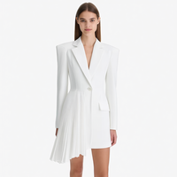 Robe Blazer Blanche Femme Personnalisée en Gros à Manches Longues, Col Cranté, Bouton Unique, Ourlet Plissé Asymétrique, Idéale pour le Bureau et les Fêtes