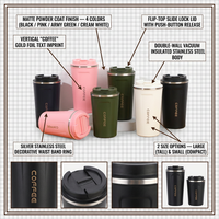 Gobelet isotherme en acier inoxydable avec couvercle rabattable, gravure COFFEE, 5 couleurs, vente en gros, logo personnalisé, OEM