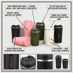 Copo Térmico de Aço Inoxidável com Tampa Flip e Gravação COFFEE, 5 Cores, Atacado, Logotipo Personalizado, OEM - Product Image 3