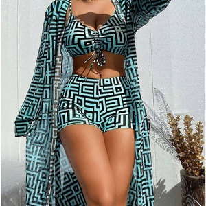 New European and American Style Best-selling Women's Three-piece Set: High-Waisted <b>Boxer</b> Swim <b>Trunks</b> & Split Swim Top Bikini - Product Image 3