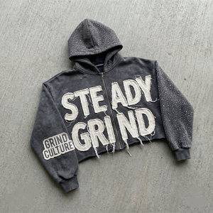 Sudadera con capucha OEM personalizada con pedrería, corte cropped, cierre de cremallera, estilo vintage con lavado ácido y bordes sin rematar, apliques, para hombre y mujer, estilo streetwear, de forro polar, modelo 6737 - Product Image 1
