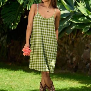 Vestido Midi de Verano con Estampado a Cuadros, Estilo Casual, Tirantes, Personalizable OEM, 100% Rayón Voile, Gran Venta - Product Image 1