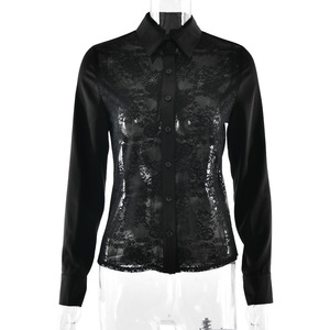 เสื้อลูกไม้ซีทรูสำหรับผู้หญิง แขนยาว มีปก สีพื้น ชุดนอนลำลอง เสื้อคลุมลำลอง - Product Image 5