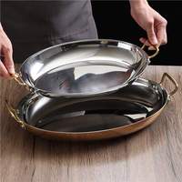 Yolecen Poêle à Paella Moderne Rétro en Acier Inoxydable, Double Poignée, Élégante Marmite Ovale pour Fruits de Mer, Plat en Métal Poli pour Restaurant et Fêtes