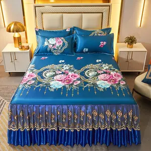 Conjunto de roupa de cama luxuosa floral ou geométrica princesa antiderrapante, saia king size completa e 2 fronhas