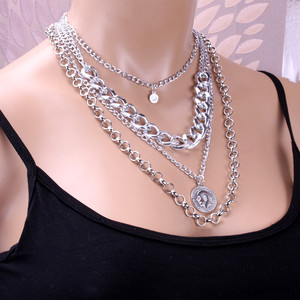 สร้อยคอแบบหลายชั้น โลหะผสมสังกะสีสีทอง จี้เหรียญทรงกลม สร้อยคอฮิปฮอป สร้อยคอแฟชั่น - Product Image 2