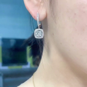 4ct Lab Grown <b>Diamond</b> Halo <b>Earrings</b>: 14K White Gold <b>Dangle</b> Drop, hoop <b>earring</b> - Product Image 1