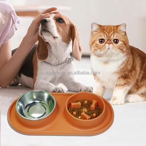 Silicone Mat Spill-Proof Double <span class=keywords><strong>Dog</strong></span> Cat Tigelas Elegante <span class=keywords><strong>Plastic</strong></span> Pet <span class=keywords><strong>Bowl</strong></span> com Aço Inoxidável Durável Alimentador Lento Série Basics - Product Image 3