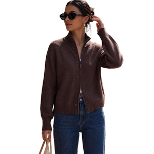 Cardigan en tricot pour femme, gris clair, col montant, manches longues, couleur unie, pull-over, manteau, automne-hiver, élégant, pour le quotidien - Product Image 5