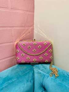 Pochette bohème brodée en textile avec chaîne à pompons, motif géométrique, sac à main d'été pour femme - Product Image 1