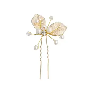 Baroque Gold Leaf U Shaped Hairpin Handmade Pearl Rhinestone Bridal Wedding Hair Comb Hair Accessories