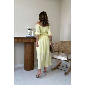 Wholesale One Size Yellow Collar Gathered Muslin <b>Linen</b> <b>Dress</b> High Quality Casual Tweed Empire Waistline Ruffles Sweet <b>for</b> Day - Product Image 1