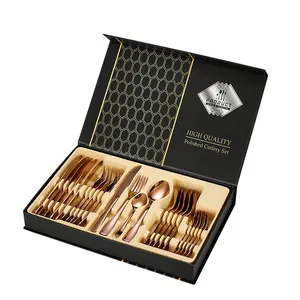 Wholesale Restaurant Luxury Gold Spoon Fork Spoon 4/16/24pcs Flatware Sets With Gift Box Stainless Steel Cutlery Set