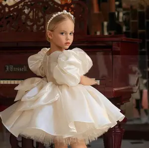 2024 Little Girl Wear Puffy Gown European Style Satin Party Dress Ivory Flower Girls Party Dresses