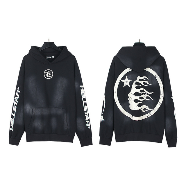 Stock Fast Shipping High Quality 100% Cotton Oversized Autumn Hip Hop Half Zip Pocket Hoodies Discharge Printing 1to1 Hell Star