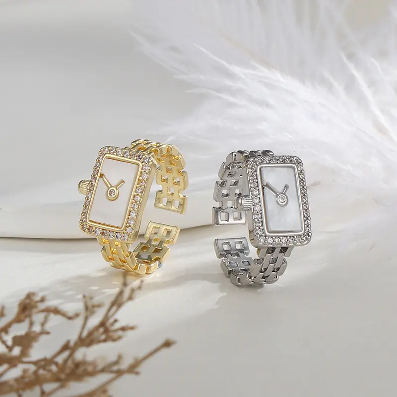 Popular White Shell Watch Zircon Open Rings Copper Gold Plated Chain Square Watch Shape Finger Rings
