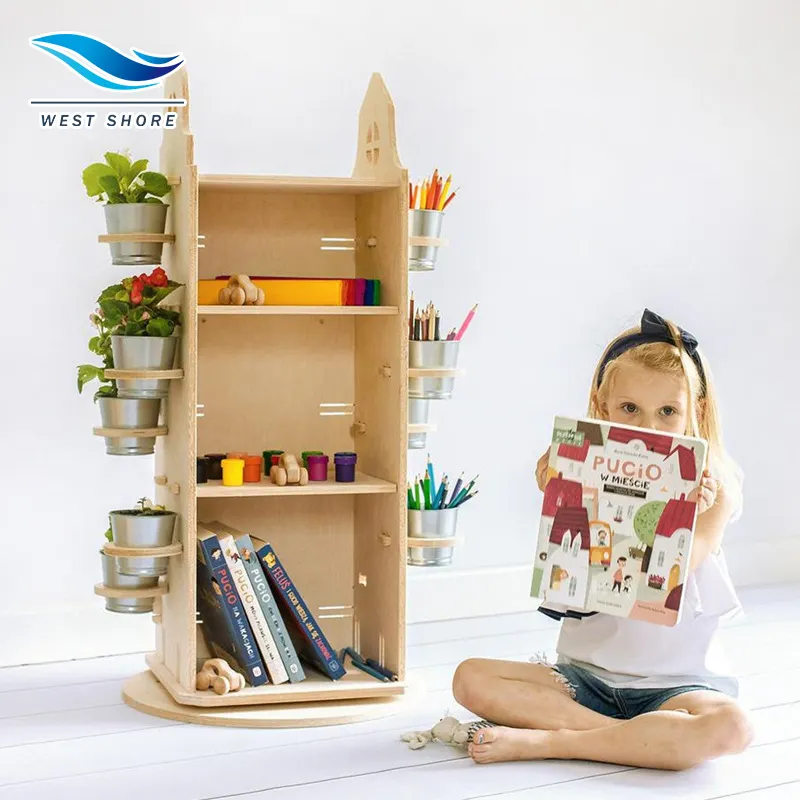 Prateleira giratória para livros, prateleira com estante de madeira para livros infantis, móveis, quarto das crianças, prateleira de exibição de livro para crianças