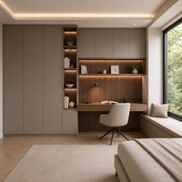 Bibliothèque de bureau à domicile personnalisée avec bureau intégré, étagères ouvertes et rangement par tiroirs