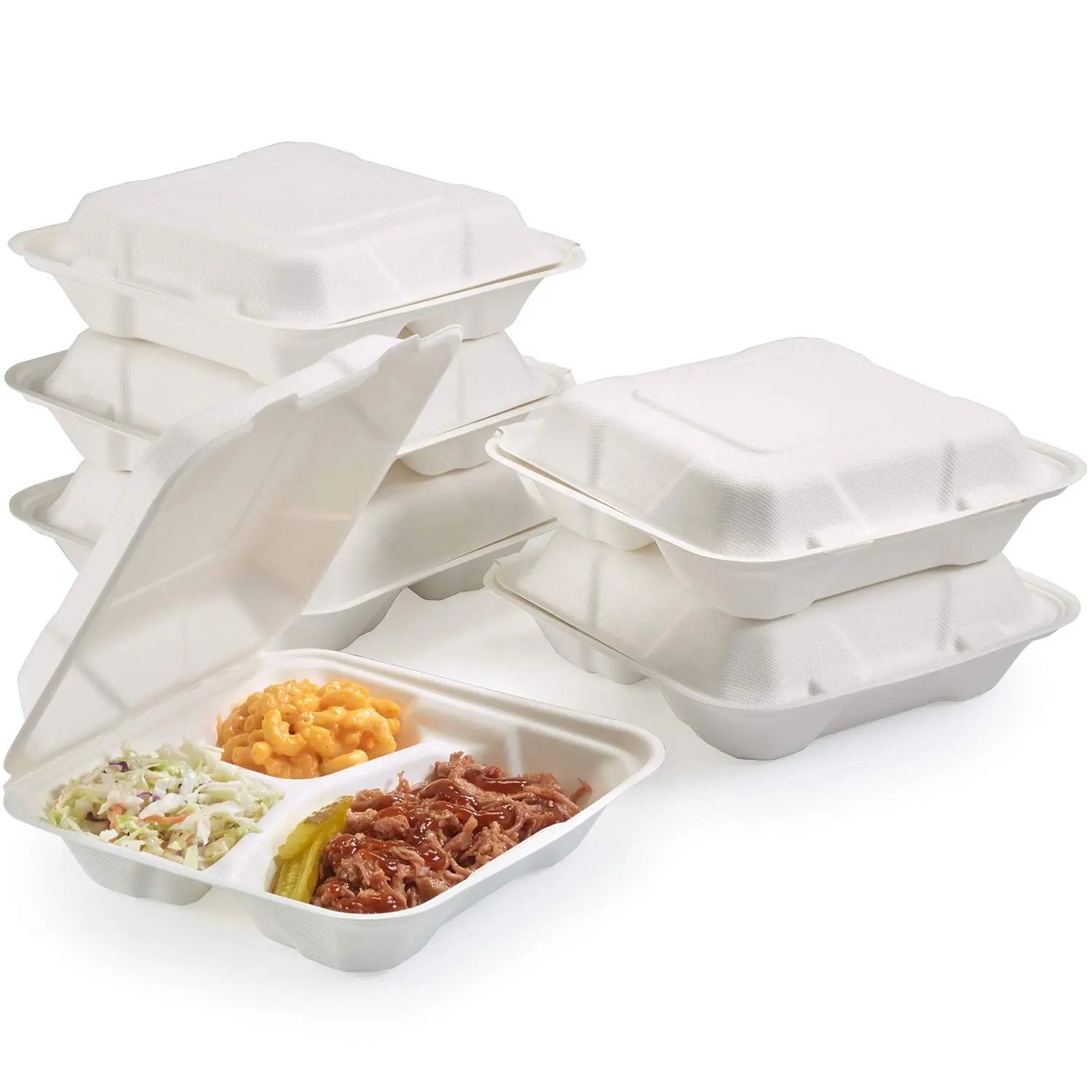 Disposable Biodegradable Food Containers Sugarcane Bagasse 3 Compartment Food Clamshell Box