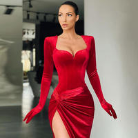 Vestidos de Noche Largos de Terciopelo con Cuello en V, Ajustados, Vintage, de Cintura Alta, con Abertura, para Mujer