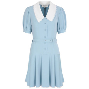 Vestido de Mujer, Corte A, Ajustado, Color Azul Claro, con Mangas Abullonadas, Cuello Peter Pan con Detalles de Encaje y Falda Corta de Estilo Dulce - Product Image 6