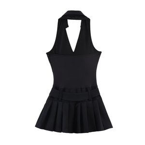 Vestido Mini de Fibra de Celulosa Regenerada, Color Sólido, Ajustado, Sexy, con Cuello Halter, Espalda Descubierta, Escote en V Profundo, Plisado, Silueta en A - Product Image 3