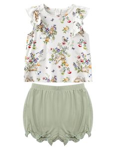Ensemble Pyjama d'été pour Filles : Haut en Coton à Volants Floraux et Short Vert, Sans Manches, Respirant, Tenue de Nuit et d'Intérieur pour Enfants - Product Image 5