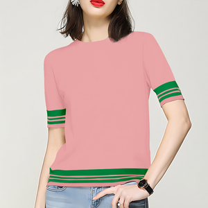 Maglione Pullover Casual in maglia da <span class=keywords><strong>donna</strong></span> con scollo a a righe rosa e verde per l'estate - Product Image 2